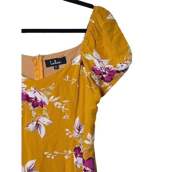 Lulus M Yellow Midi Dress Floral Front Slit Back Zip Feminine Quaint Puffed Chic - Picture 5 of 8